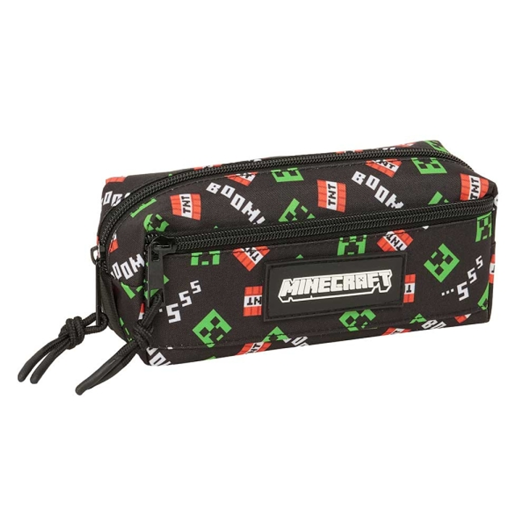 Safta Minecraft Portatodo - 3 Compartimentos con Cremalleras - Goma Elastica - 0.98L - 220x60x85mm - Color Negro 1