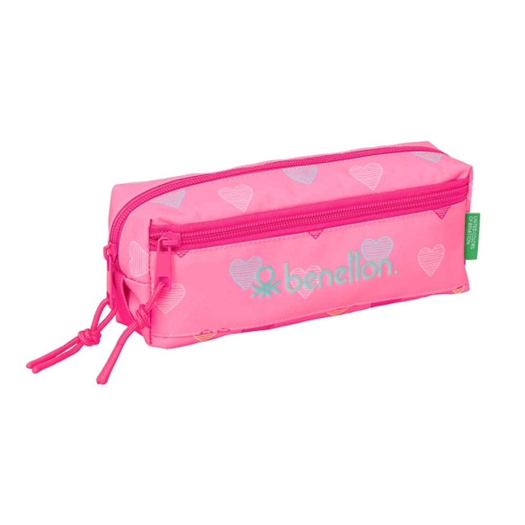 Safta Benetton Heart Portatodo - 3 Compartimentos con Cremalleras - Goma Elastica - 0.98L - 220x60x85mm - Color Rosa 1