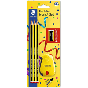 Staedtler Noris 120 Pack de 3 Lapices de Grafito Hexagonales + Goma de Borrar + Sacapuntas - Mina HB Ultrarresistente de 2mm - Madera de Bosques Soste