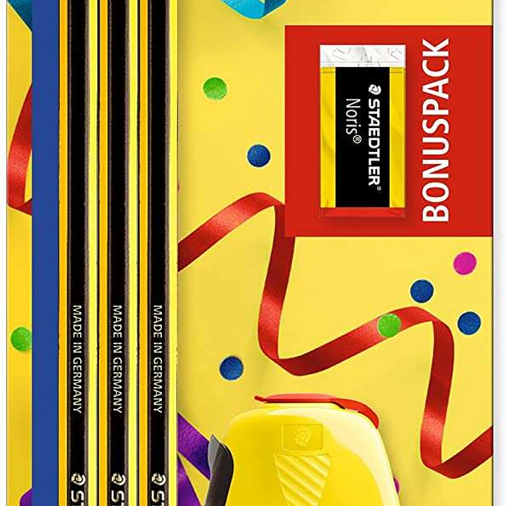 Staedtler Noris 120 Pack de 3 Lapices de Grafito Hexagonales + Goma de Borrar + Sacapuntas - Mina HB Ultrarresistente de 2mm - Madera de Bosques Soste 1