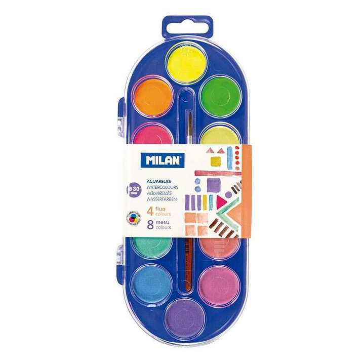 Milan Estuche de 12 Acuarelas Ø30 mm + Pincel  Serie 101 - Mezclable - Colores Fluorescentes y Metalizados 1