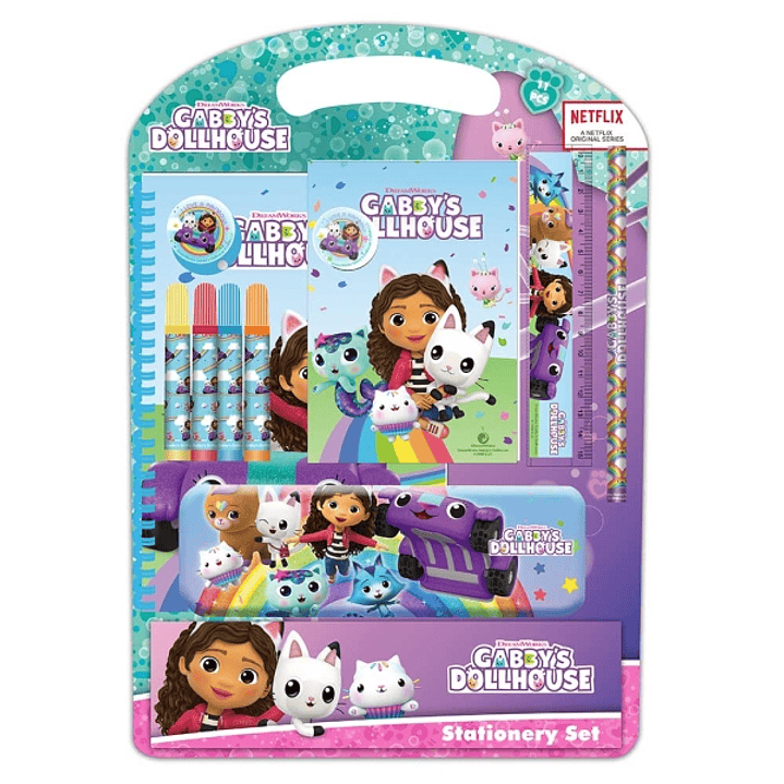 Safta Gabby's Dollhouse Confetti Pack Escolar con Plumier Metalico - Lapiz - 4 Rotuladores - Regla 15cm - Sacapuntas - Goma - Libreta A4 - Bloc de Not 1