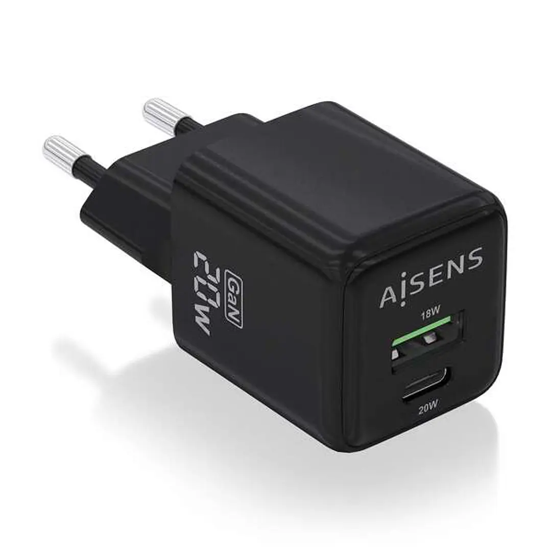 Aisens Cargador Gan 20W - 1xUSB-C PD3.0 QC4.0 - 1xUSB-A QC3.0 - Color Negro 1
