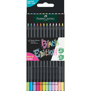 Faber-Castell Black Edition Pack de 12 Lapices de Colores Neon+Pastel - Mina Supersuave - Madera Negra - Ideales para Dibujo sobre Papel Claro, Oscuro