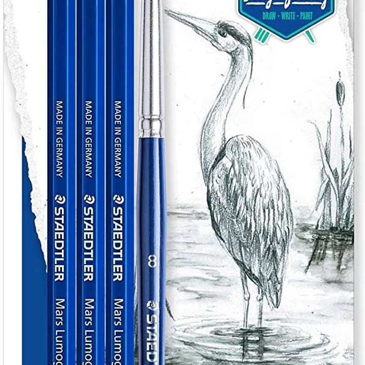 Staedtler Mars Lumograph Aquarell 100A Pack de 3 Lapices de Grafito + Pincel - Resistencia a la Rotura - Graduaciones Surtidas 1