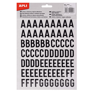 Apli Letras de Palo Mayusculas Adhesivas - Altura 20mm - Color Negro - Pack de 4 Hojas (301 Letras)