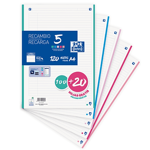 Oxford School Recambio 120 Hojas A4 1 Linea - 4 Taladros - 5 Bandas de Color