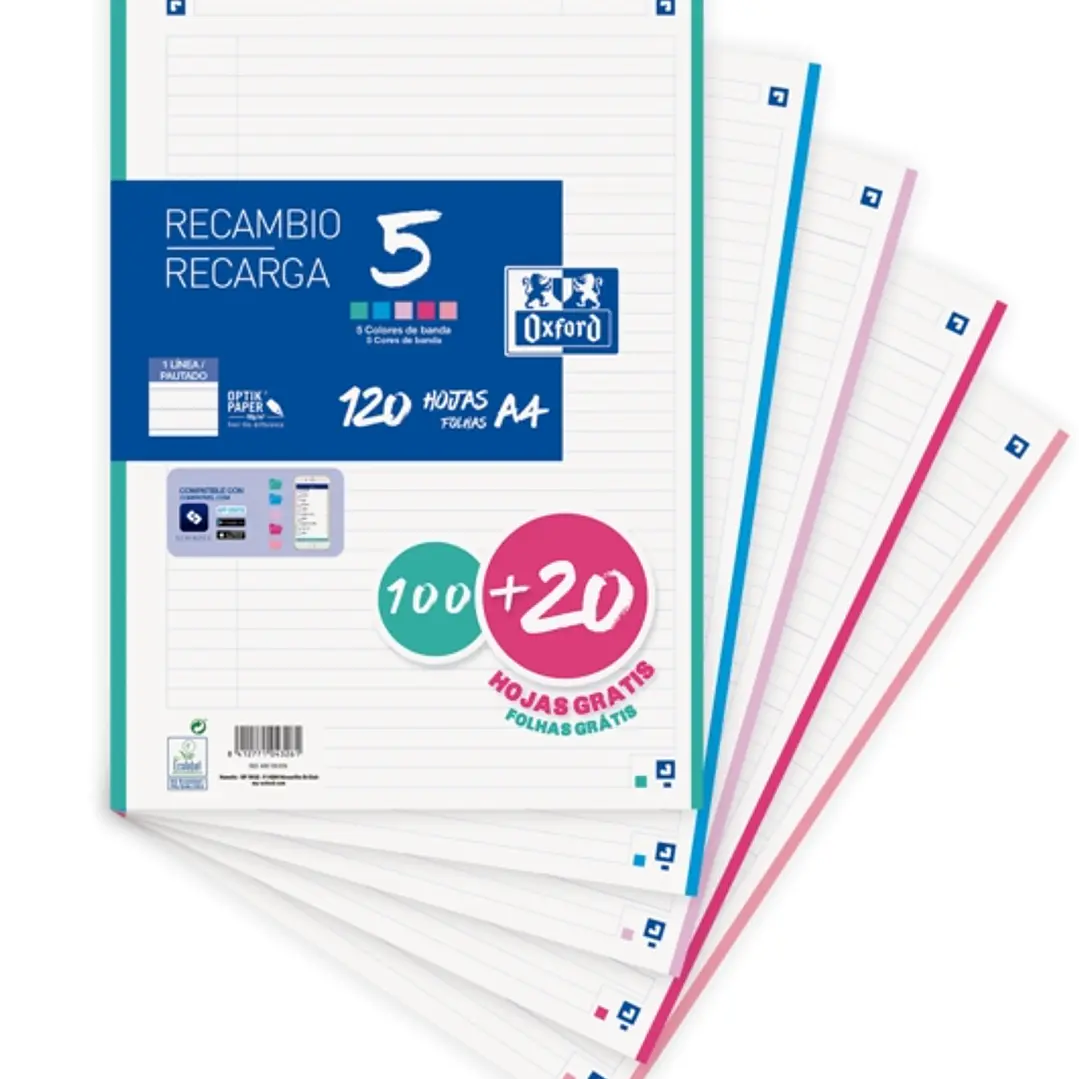 Oxford School Recambio 120 Hojas A4 1 Linea - 4 Taladros - 5 Bandas de Color 1