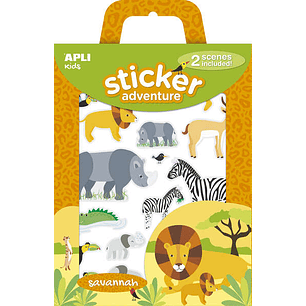 Apli Pack de 34 Pegatinas con Tematica Animales de la Sabana - Incluye 2 Escenarios 45x20cm y 34 Pegatinas - Ideal para Crear Historias y Aventuras