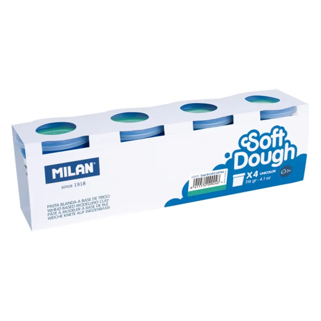 Milan Soft Dough Pack de 4 Botes de Pasta Blanda - 100% Vegetal - Moldeable - Sin Residuos - Colores Mezclables - 116g por Unidad - Color Turquesa 1