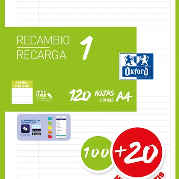 Oxford School Recambio A4 120 Hojas 1 Linea - 4 Taladros - Banda de Color Verde 1