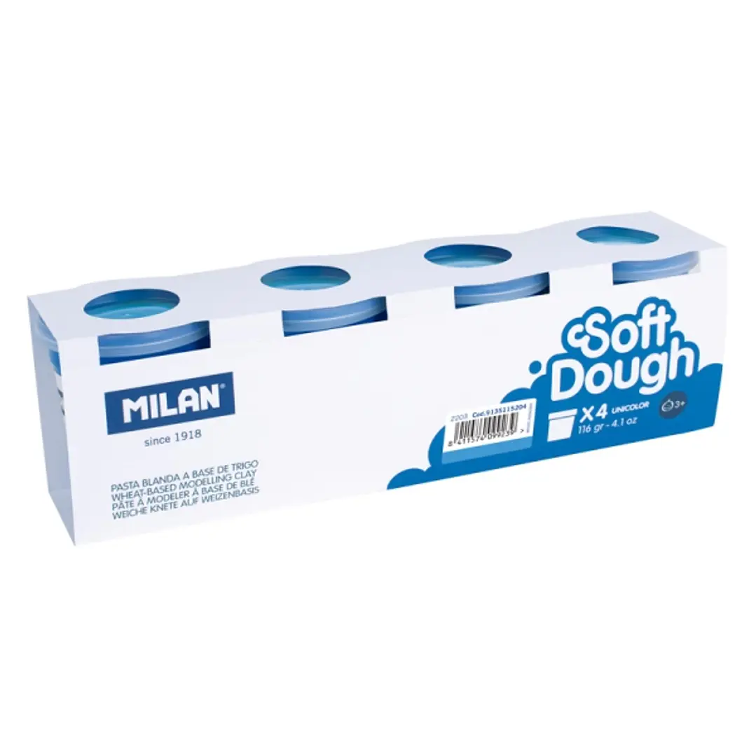 Milan Soft Dough Pack de 4 Botes de Pasta Blanda - 100% Vegetal - Moldeable - Sin Residuos - Colores Mezclables - 116g por Unidad - Color Azul 1
