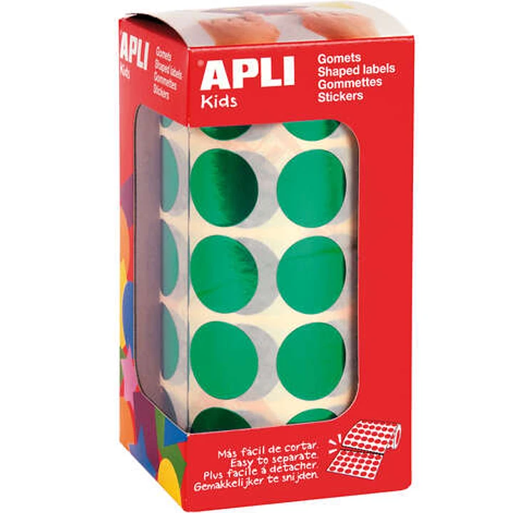 Apli Gomets Redondos Ø 20mm Verde Metalizado - 59 Hojas Pretroqueladas - Adhesivo Permanente - Normas EN-71 y FSC - Adhesivo Base Agua - Materiales Re 1