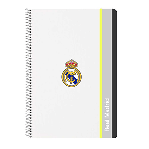 Safta Real Madrid Cuaderno Espiral - Tapas Duras - 80 Hojas A4 con Cuadriculada 4X4mm - Formato Folio - 21.5x31x1cm - Color Blanco y Negro