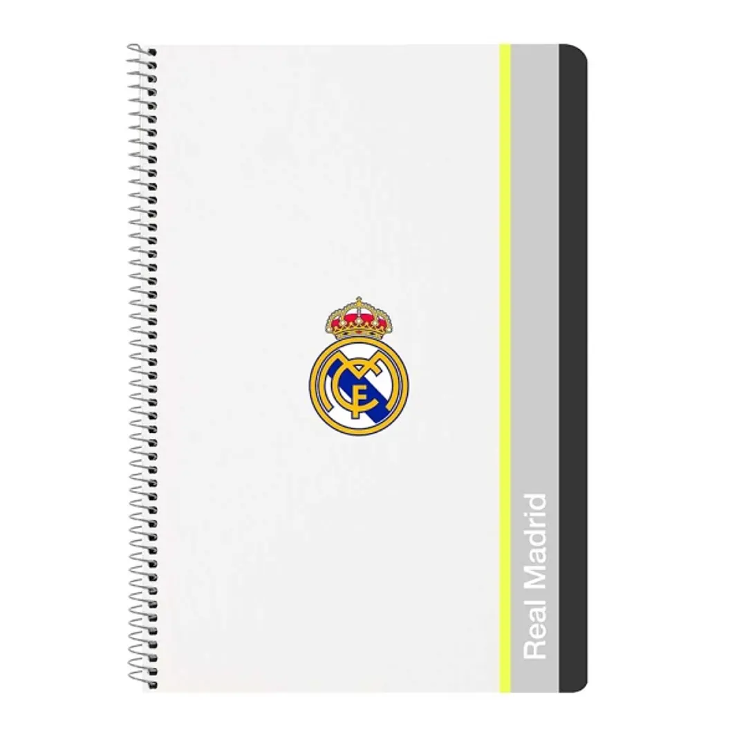 Safta Real Madrid Cuaderno Espiral - Tapas Duras - 80 Hojas A4 con Cuadriculada 4X4mm - Formato Folio - 21.5x31x1cm - Color Blanco y Negro 1