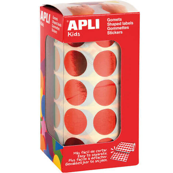 Apli Gomets Redondos Ø 20mm Rojo Metalizado - 59 Hojas Pretroqueladas - 1770 Gomets por Rollo - Ideal para Actividades Creativas con Niños - Normas EN 1