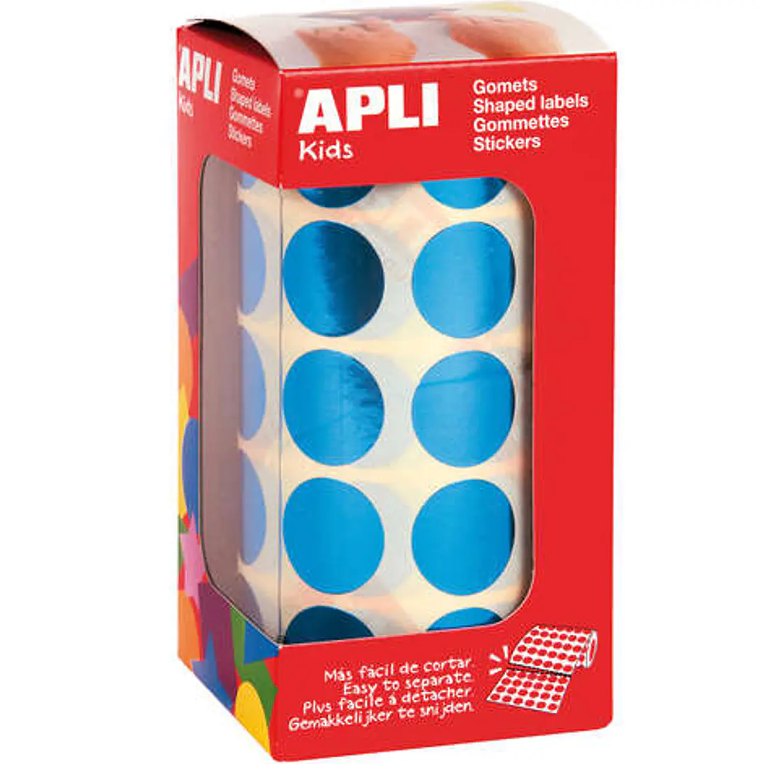 Apli Gomets Redondos Azul Metalizado Ø 20mm - 59 Hojas Pretroqueladas - 1770 Gomets por Rollo - Ideal para Escuelas y Talleres Infantiles - Cumple Nor 1