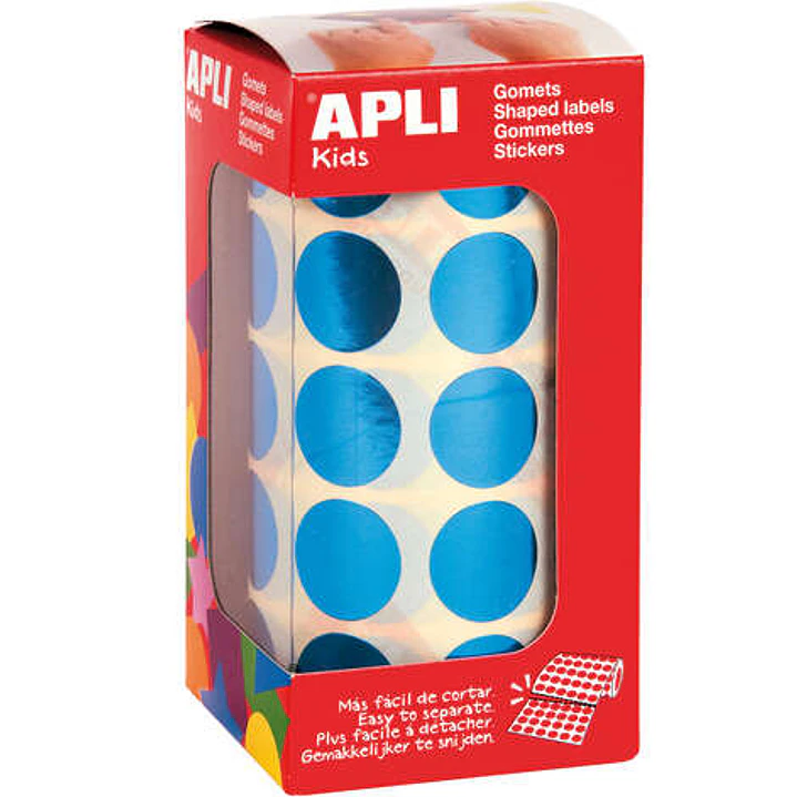 Apli Gomets Redondos Azul Metalizado Ø 20mm - 59 Hojas Pretroqueladas - 1770 Gomets por Rollo - Ideal para Escuelas y Talleres Infantiles - Cumple Nor 1