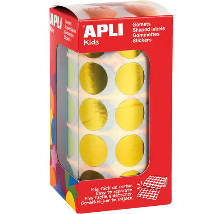 Apli Gomets Redondos Amarillo Metalizado Ø 20mm - 59 Hojas Pretroqueladas - 1770 Gomets por Rollo - Adhesivo Base Agua - Normas EN-71 y Cadena de Cust 1