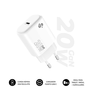 Subblim Cargador de Pared GaN 20W - USB-C -  Carga rápida - Color Blanco