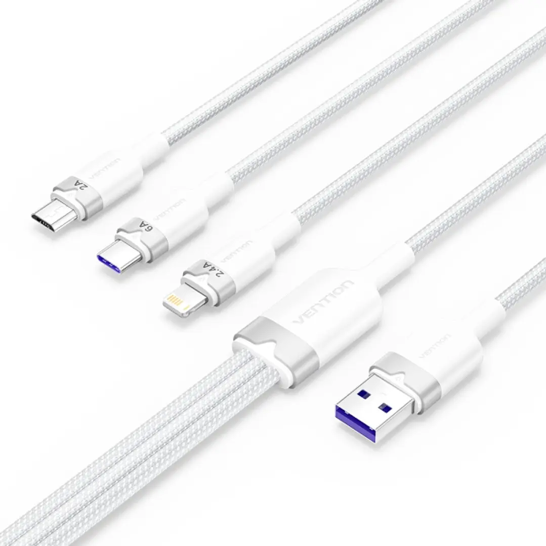 Vention Cable USB-A 2.0 a USB-C, Lightning, Micro-B 6A - 1.5m - Trenzado - Color Blanco 1