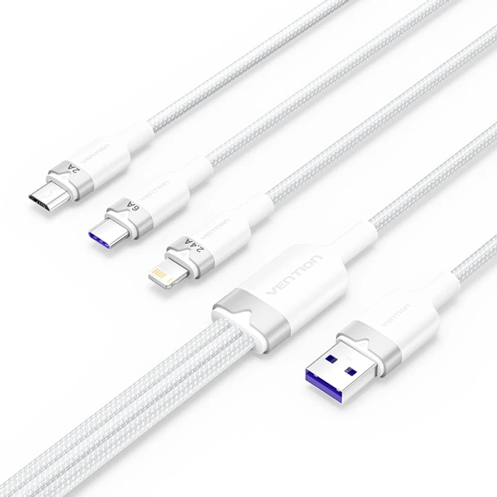 Vention Cable USB-A 2.0 a USB-C, Lightning, Micro-B 6A - 1.5m - Trenzado - Color Blanco 1