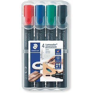 Staedtler Lumocolor 352 Pack de 4 Marcadores Permanentes - Secado Rapido - Practico Estuche de Sobremesa - Colores Rojo, Azul, Verde y Negro