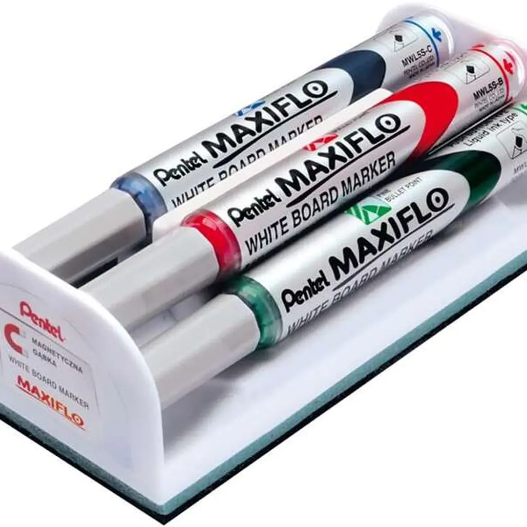 Pentel Maxiflo Pack de 4 Rotuladores para Pizarra Blanca + Borrador Magnetico - Punta de Bala - Ancho de Linea 2mm - Regulacion del Flujo de Tinta - C 1