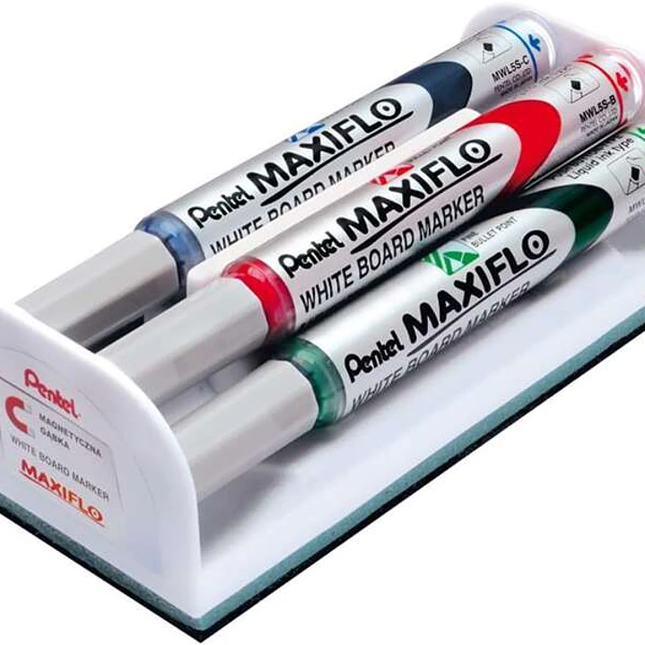 Pentel Maxiflo Pack de 4 Rotuladores para Pizarra Blanca + Borrador Magnetico - Punta de Bala - Ancho de Linea 2mm - Regulacion del Flujo de Tinta - C 1
