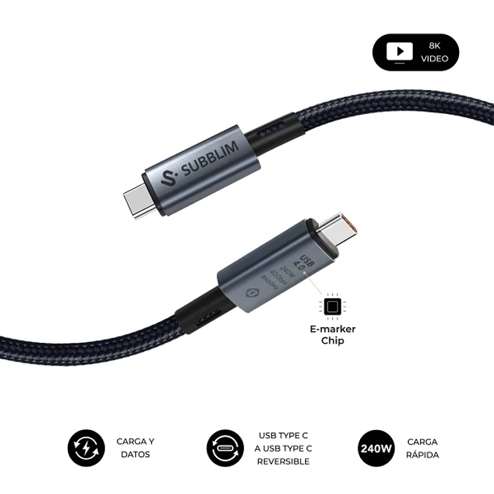 Subblim Cable High USB-C - 240W - Nylon Trenzado - 40Gbps - Chip E-Marker - 1.5 Metros - Color Negro 1
