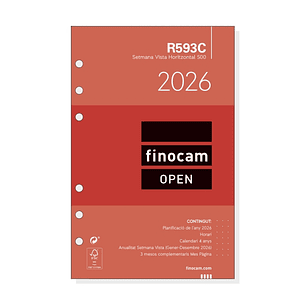 Finocam R593C Recambio Anual 2026 para Agendas Open 2026 en Catalan - Formato 500 - 117x6x181mm - Semana Vista Horizontal - Color Blanco