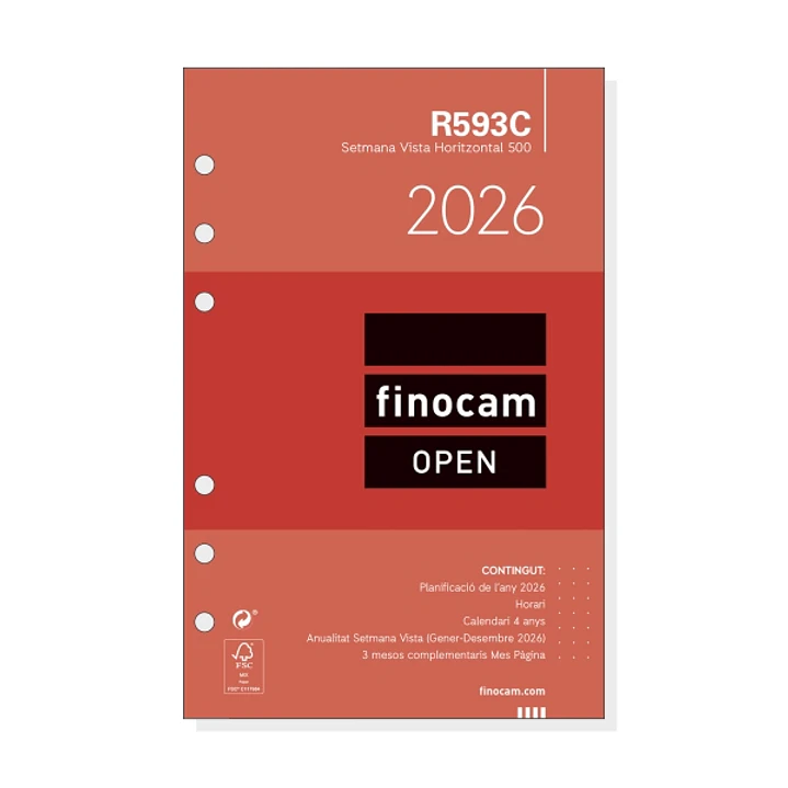 Finocam R593C Recambio Anual 2026 para Agendas Open 2026 en Catalan - Formato 500 - 117x6x181mm - Semana Vista Horizontal - Color Blanco 1