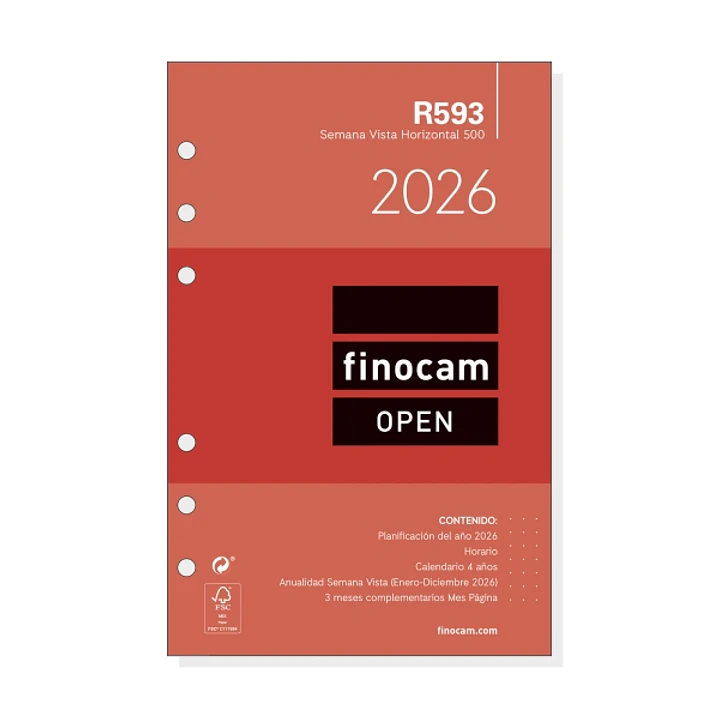 Finocam R593 Recambio Anual 2026 para Agendas Open 2026 - Formato 500 - 117x6x181mm - Semana Vista Horizontal - Color Blanco 1