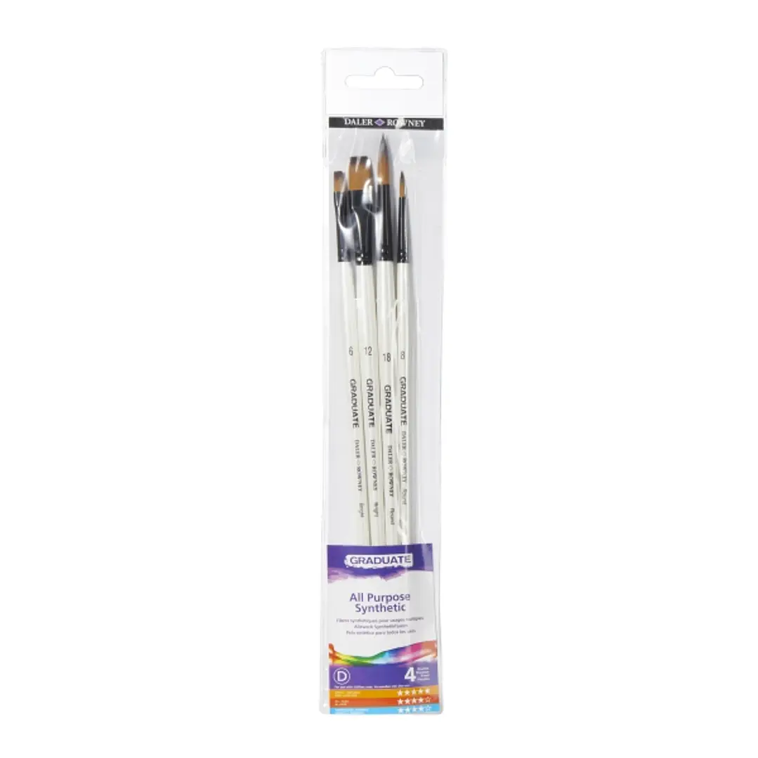Daler Rowney Graduate Pack de 4 Pinceles Multitecnica - Pelo Sintetico - Mango Largo 1