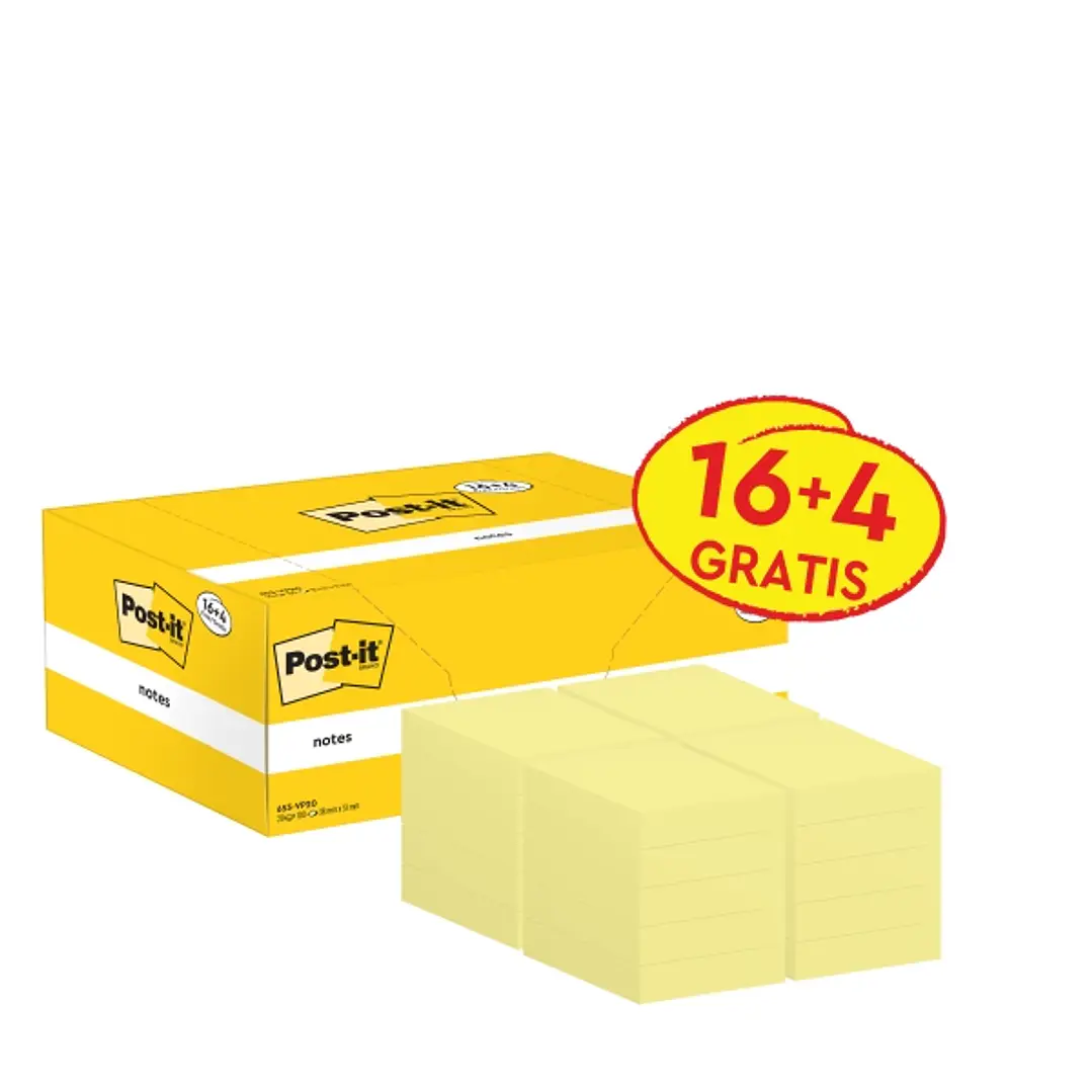Post-It Pack de 20 Blocs de 100 Notas Adhesivas Reposicionables 38x51mm - Forma Rectangular - Color Amarillo Claro 1