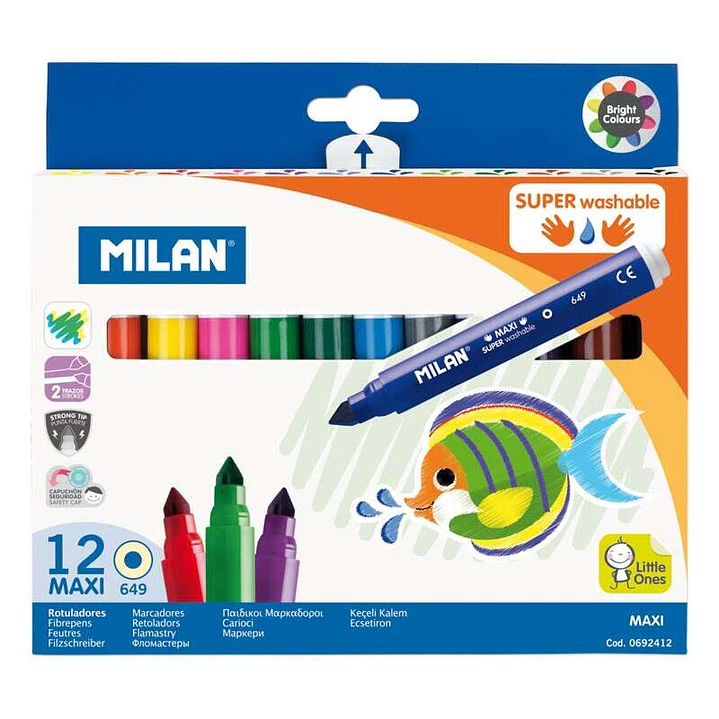 Milan Pack de 12 Rotuladores Super Lavables Maxi - Punta Conica 7.5mm - Tinta al Agua - Lavable - Colores Surtidos 1