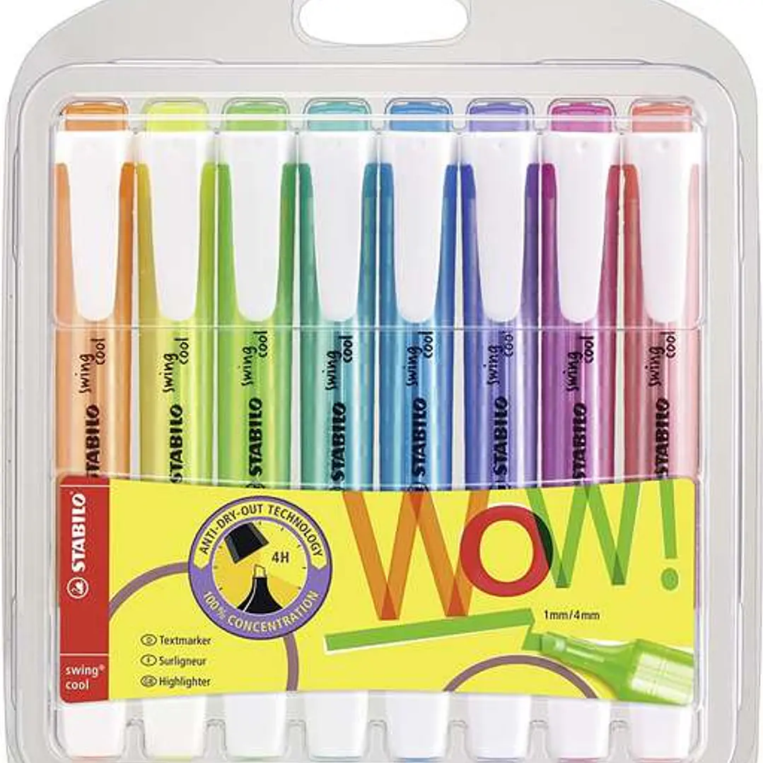 Stabilo Swing Cool Pack de 8 Marcadores Fluorescentes - Cuerpo Plano - Punta Biselada - Trazo entre 1 y 4mm - Tinta con Base de Agua - Antisecado - Co 1
