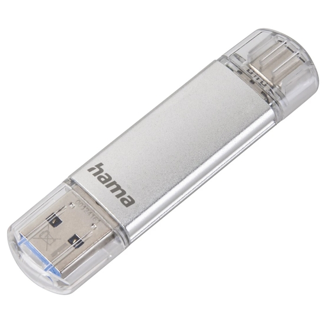 Hama Laeta Memoria Pendrive USB 3.0 con Tapa - 64GB de Capacidad - 40Mb/s de Transferencia - Funcion OTG - USB-C - USB-A - Cuerpo Metalico - Color Pla 1