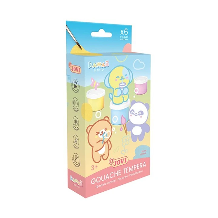 Jovi Kawaii Pack con 6 Botes de Tempera 35ml + Pincel - Secado Rapido - Excelente Adherencia - Lista para Usar - Colores Surtidos 1