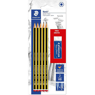 Staedtler Noris 120 Pack de 5 Lapices de Grafito Hexagonales 2HB + 1 Goma de Borrar Mars Plastic - Madera de Bosques Sostenibles