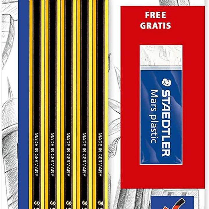 Staedtler Noris 120 Pack de 5 Lapices de Grafito Hexagonales 2HB + 1 Goma de Borrar Mars Plastic - Madera de Bosques Sostenibles 1