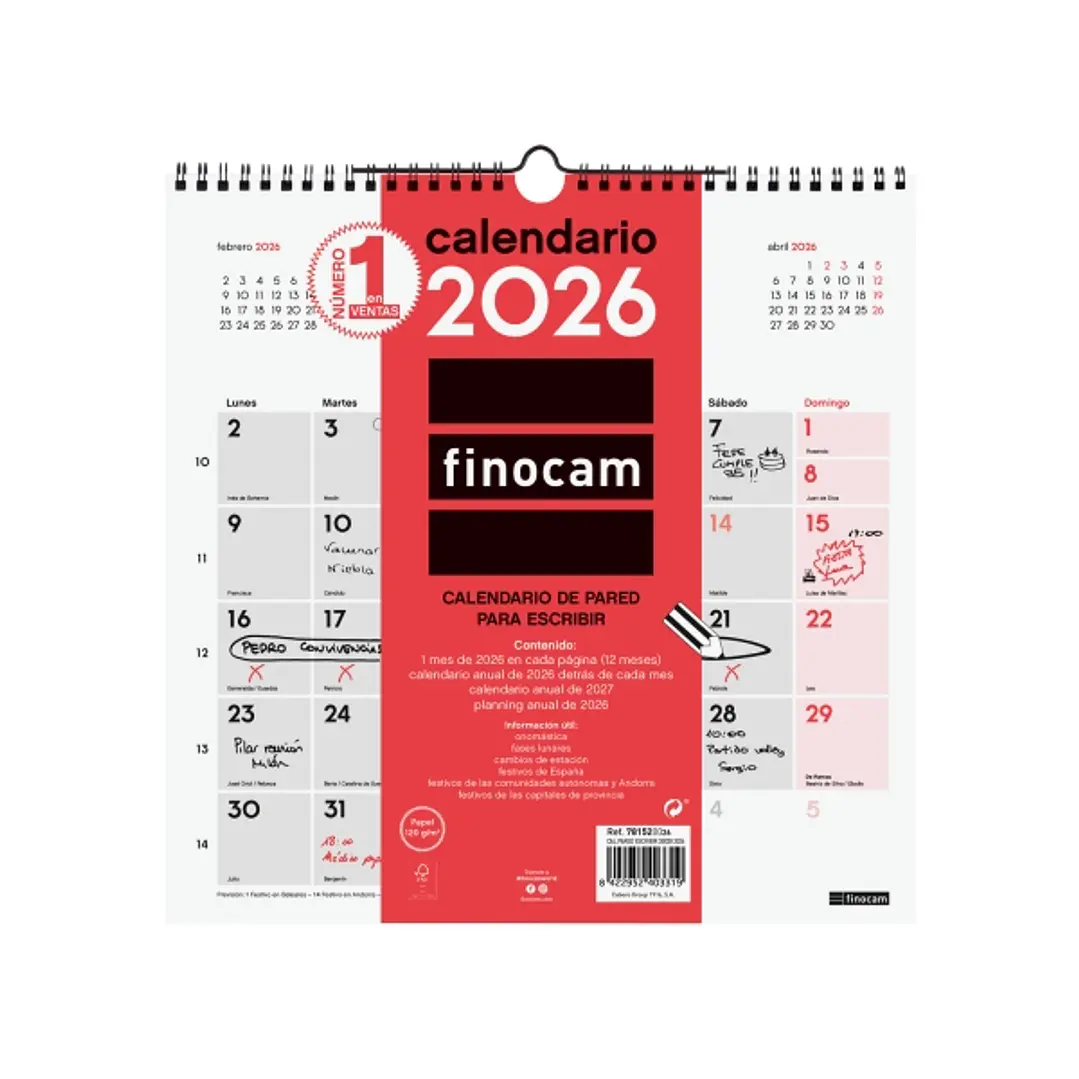 Finocam Calendario de Pared - Anual 2026 - 300x5x310mm - Espacio para Escribir - Color Blanco y Rojo 1