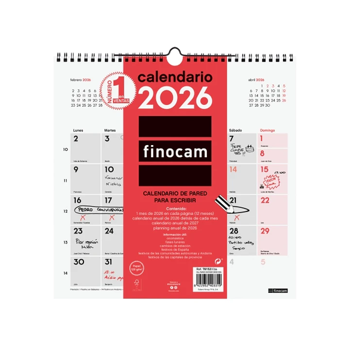 Finocam Calendario de Pared - Anual 2026 - 300x5x310mm - Espacio para Escribir - Color Blanco y Rojo 1