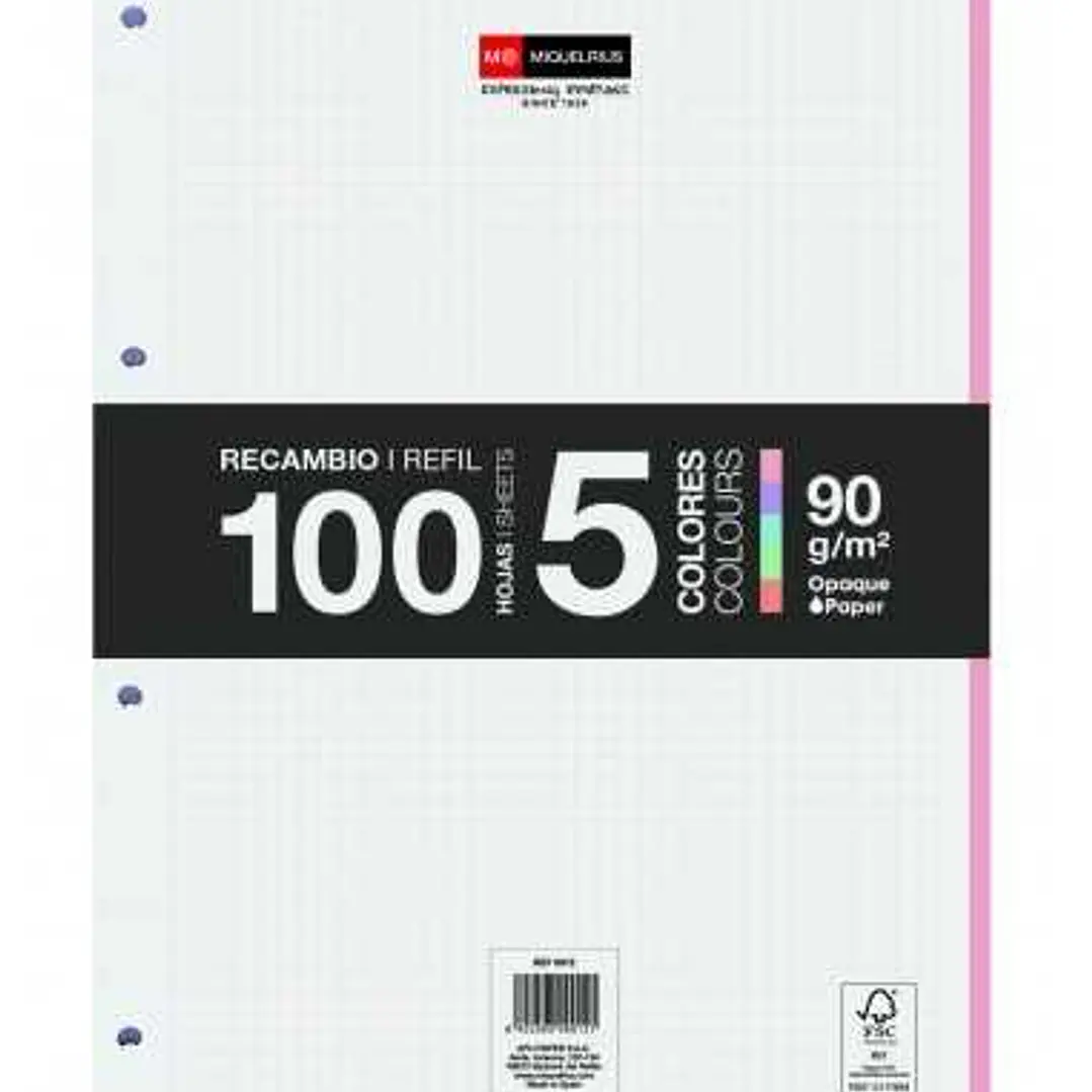 Miquel Rius Recambio Formato A4 - 100 Hojas Sueltas de 90gr con 4 Taladros - Banda de las Hojas en 5 Colores Pastel - Cuadricula 5x5 1