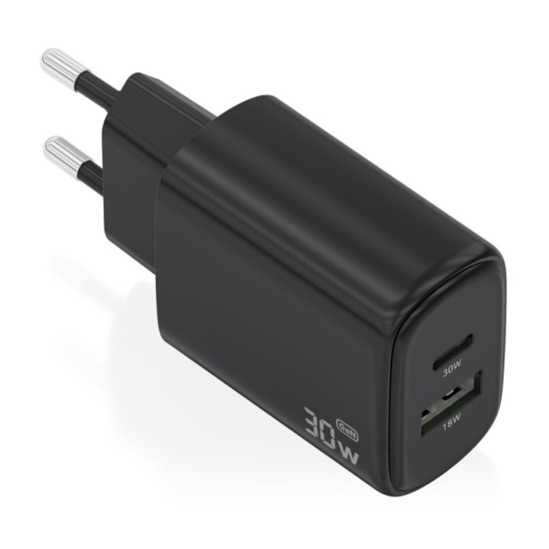 Aisens Cargador GaN 30W - 1xUSB-C PD3.0 QC4.0 - 1xUSB-A QC3.0 - Tecnologia AI - Color Negro 1