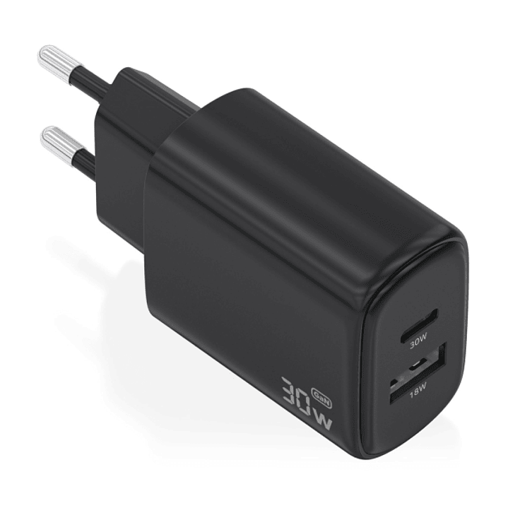 Aisens Cargador GaN 30W - 1xUSB-C PD3.0 QC4.0 - 1xUSB-A QC3.0 - Tecnologia AI - Color Negro 1