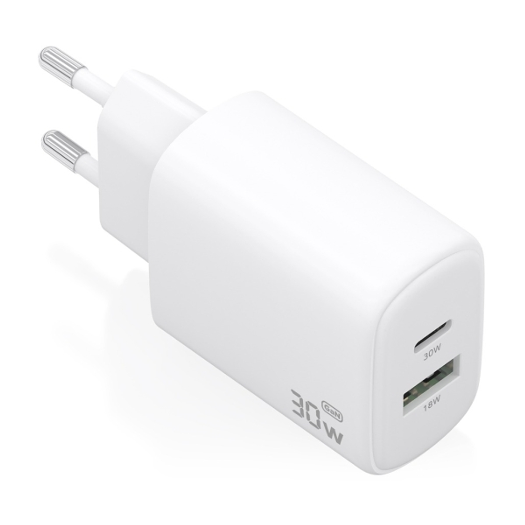 Aisens Cargador GaN 30W - 1xUSB-C PD3.0 QC4.0 - 1xUSB-A QC3.0 - Tecnologia AI - Color Blanco 1