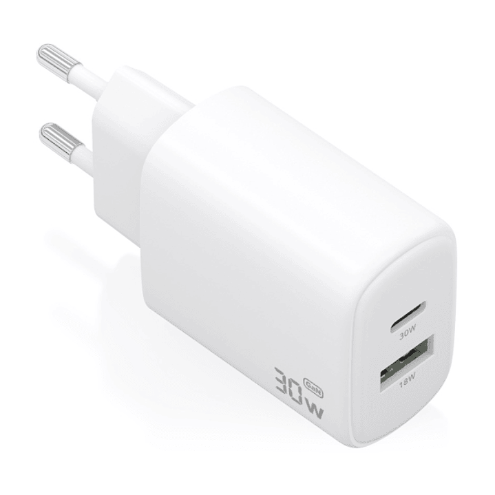 Aisens Cargador GaN 30W - 1xUSB-C PD3.0 QC4.0 - 1xUSB-A QC3.0 - Tecnologia AI - Color Blanco 1