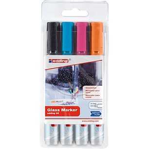 Edding 95 Pack de 4 Rotuladores para Cristal - Punta Redonda - Trazo 1.5-3mm - Colores Negro, Naranja, Rosa y Azul