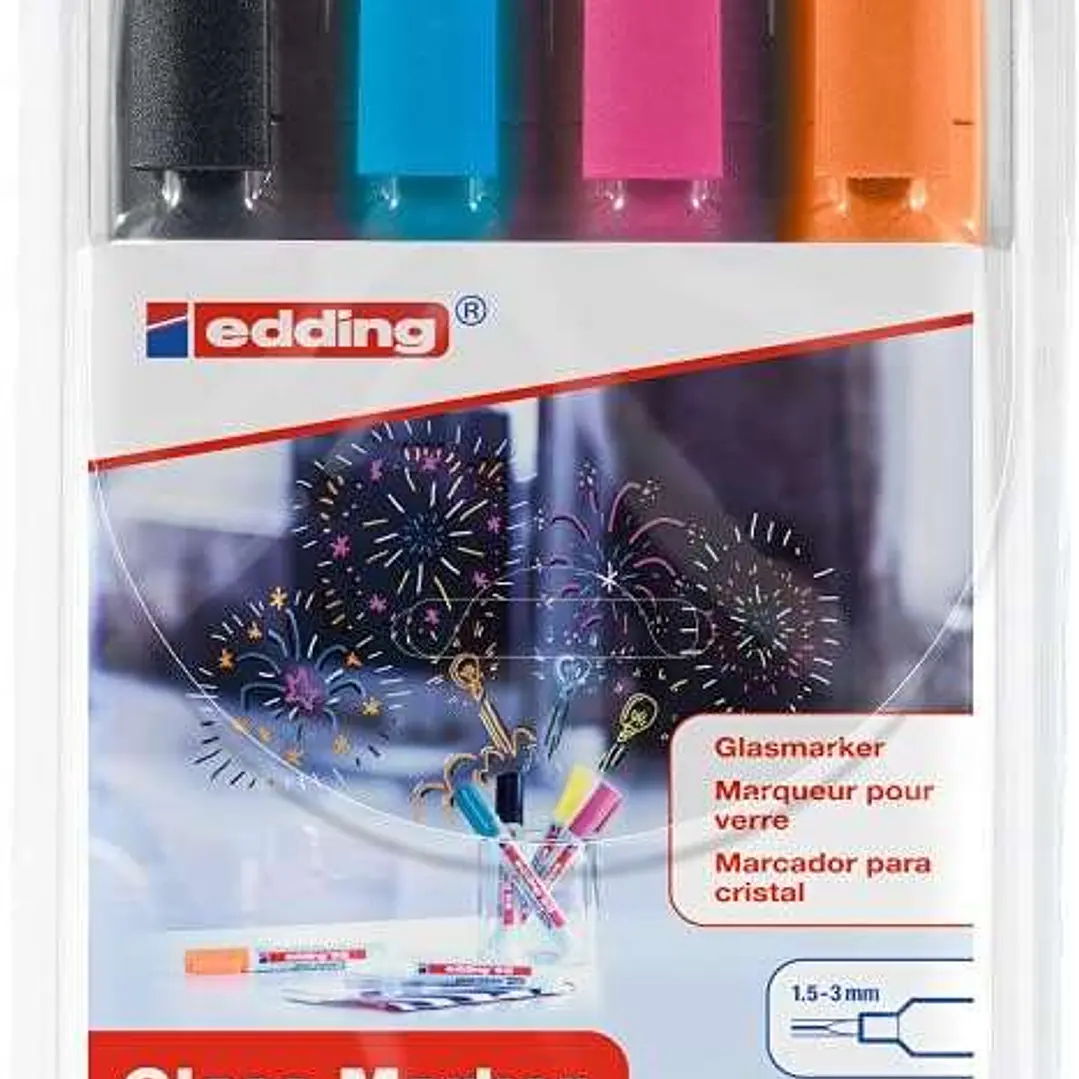 Edding 95 Pack de 4 Rotuladores para Cristal - Punta Redonda - Trazo 1.5-3mm - Colores Negro, Naranja, Rosa y Azul 1